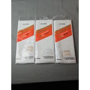 🔥3 X Vintage 4 Pack White Handkerchiefs JC‎ Penny New Sealed 16.5 x 16.5